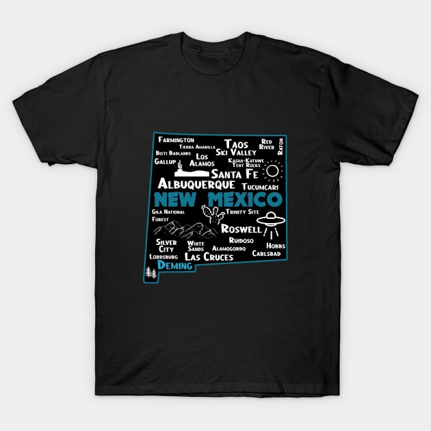 Cute map of Deming New Mexico Albuquerque Santa Fe Los Alamos, Roswell Las Cruces Carlsbad Hobbs Silver City T-Shirt by BoogieCreates